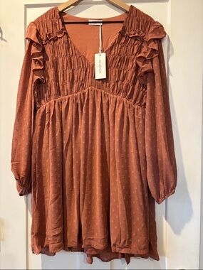 NWT Reverof Women’s Smocked V-Neck Ruffle Long-Sleeve Dress L Boho Western